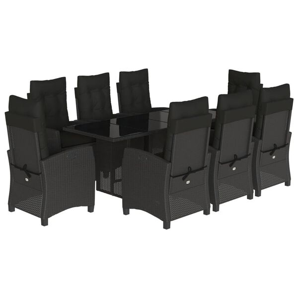 vidaXL 9 pcs conjunto de jantar p/ jardim c/ almofad&otilde;es vime PE preto