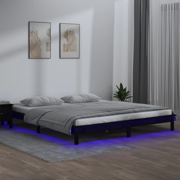 vidaXL Estrutura de cama c/ LEDs 160x200 cm madeira maci&ccedil;a preto