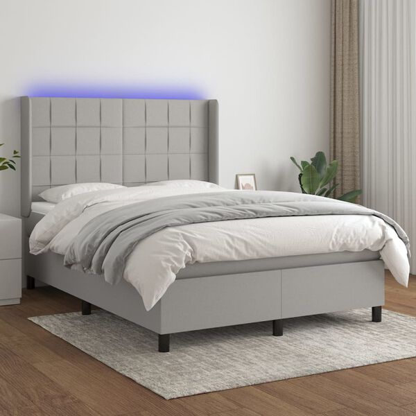 vidaXL Cama box spring c/ colch&atilde;o e LED 140x200 cm tecido cinza-claro