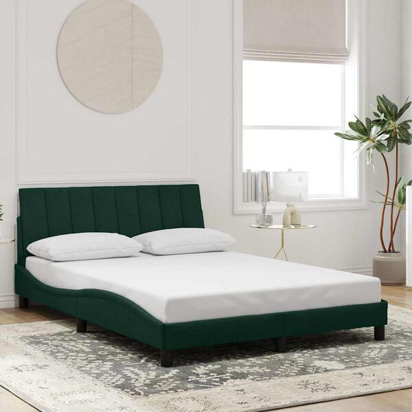 vidaXL Estrutura de cama com LED sem colch&atilde;o Hanko 140x190 cm veludo verde-escuro