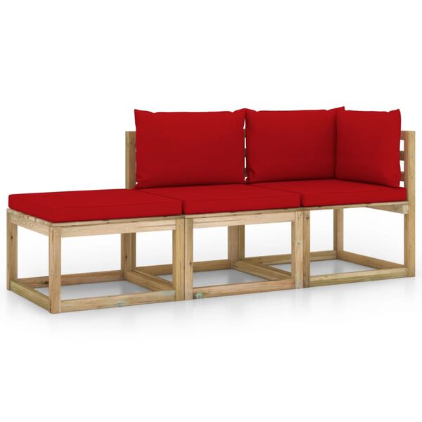 vidaXL Conjunto lounge de jardim 3 pcs com almofad&otilde;es vermelhos