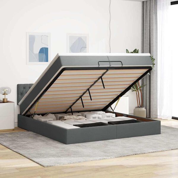 vidaXL Estrutura de cama otomana com colchões tecido cinzento escuro