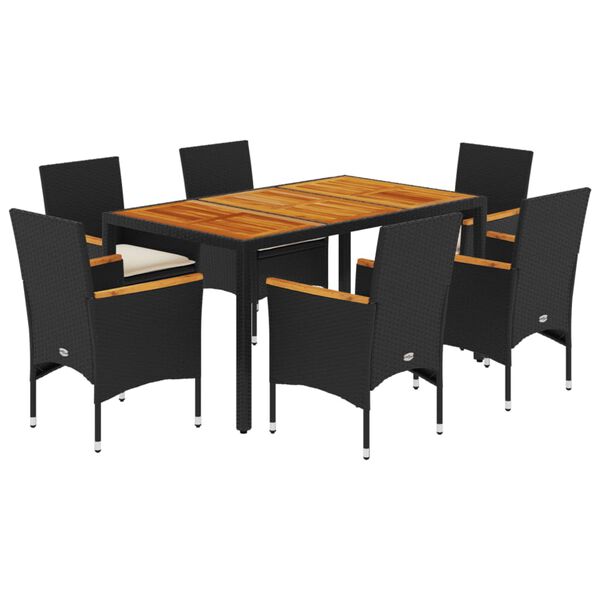vidaXL 7 pcs conjunto jantar jardim c/ almofad&otilde;es vime PE/ac&aacute;cia preto