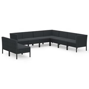 vidaXL 9 pcs conjunto lounge de jardim c/ almofad&otilde;es vime PE preto