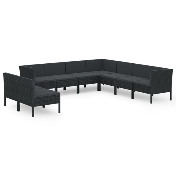 vidaXL 9 pcs conjunto lounge de jardim c/ almofad&otilde;es vime PE preto