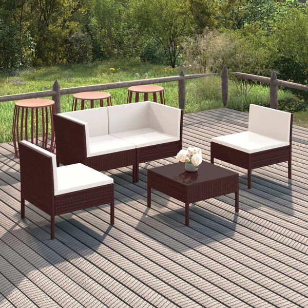 vidaXL 5 pcs conjunto lounge jardim c/ almofad&otilde;es vime PE castanho