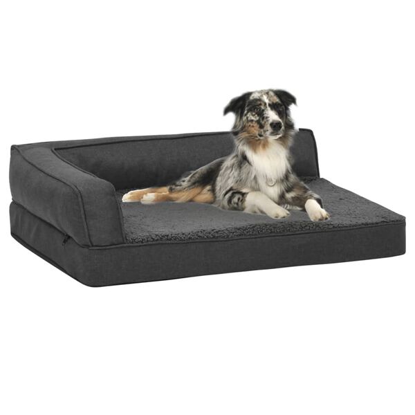 vidaXL Cama p/ c&atilde;es ergon&oacute;m. 90x64cm aspeto linho pel&uacute;cia cinza-escuro