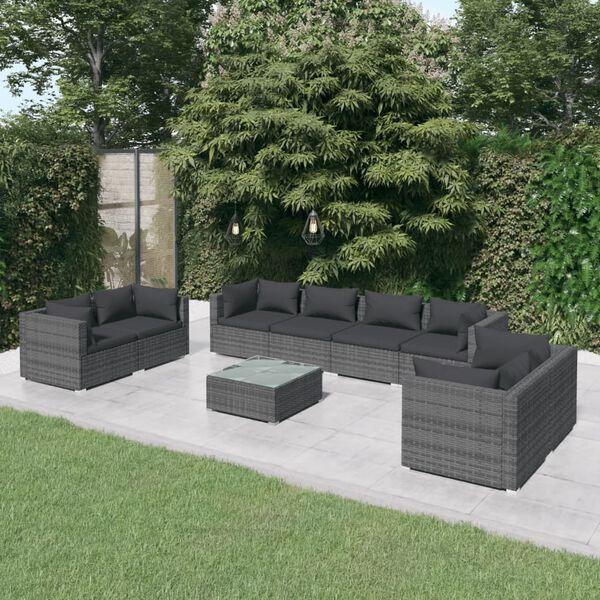 vidaXL 9 pcs conjunto lounge de jardim c/ almofad&otilde;es vime PE cinzento