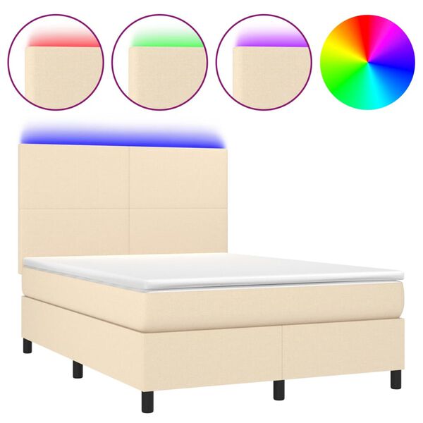 vidaXL Cama box spring c/ colch&atilde;o e LED 140x200 cm tecido cor creme