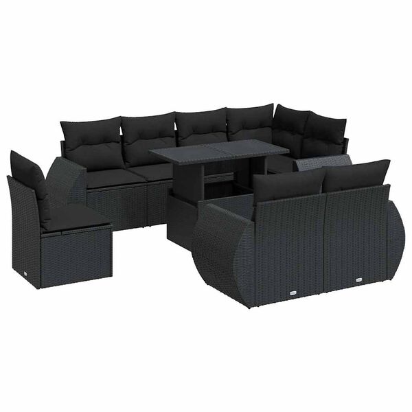 vidaXL 9 pcs conjunto de sof&aacute;s p/ jardim c/ almofad&otilde;es vime PE preto