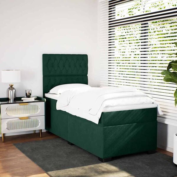 vidaXL Cama com molas/colch&atilde;o 100x200 cm veludo verde-escuro