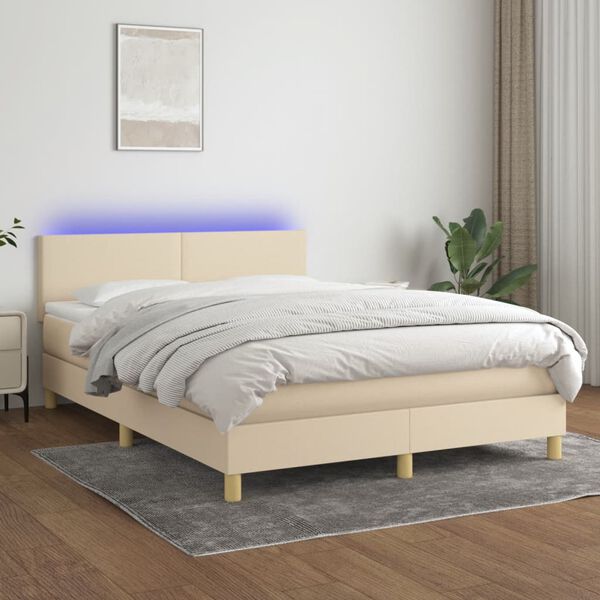 vidaXL Cama box spring c/ colch&atilde;o e LED 140x190 cm tecido cor creme