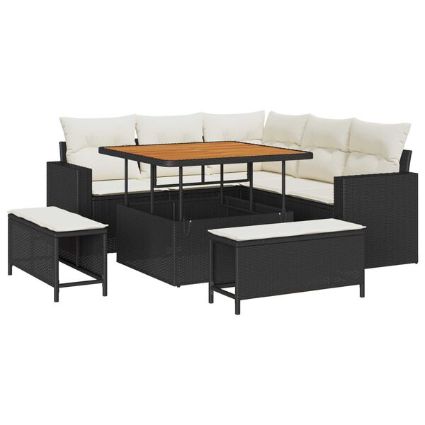 vidaXL Conjunto de Sof&aacute; de Jardim 9 pcs Preto e Creme vime PE