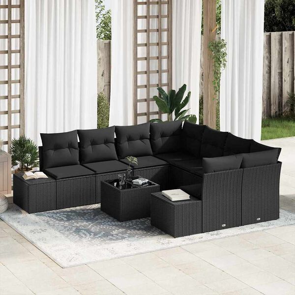 vidaXL Conjunto de Sof&aacute; de Jardim com almofada 9 pcs Preto vime PE