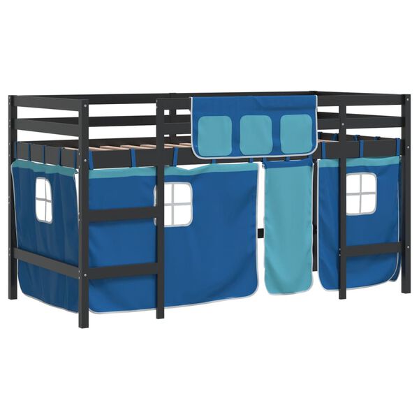 vidaXL Cama alta p/ crian&ccedil;a c/ cortinas 90x190 cm pinho maci&ccedil;o azul