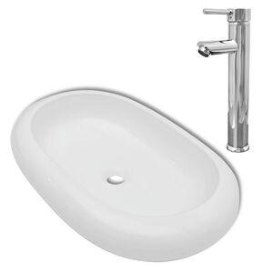 vidaXL Lavat&oacute;rio com torneira misturadora cer&acirc;mica oval branco
