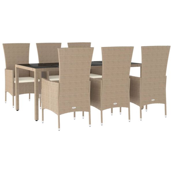vidaXL 7 pcs conjunto de jantar p/ jardim com almofad&otilde;es vime PE bege