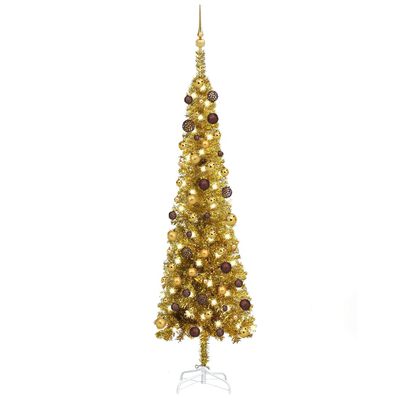 vidaXL Árvore de Natal fina com luzes LED e bolas 180 cm dourada 