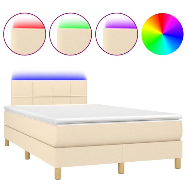 vidaXL Cama box spring c/ colch&atilde;o e LED 120x200 cm tecido cor creme
