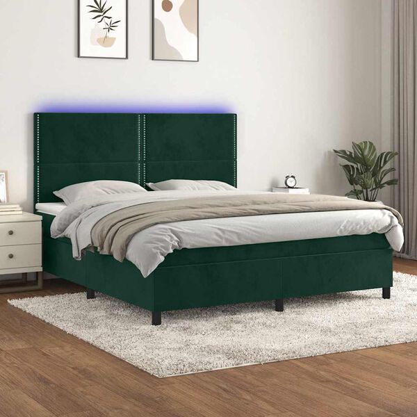 vidaXL Cama box spring c/ colch&atilde;o/LED 160x200 cm veludo verde-escuro