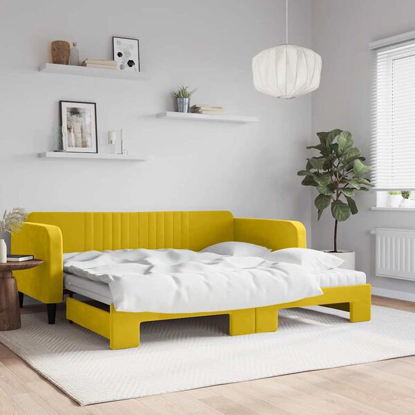 vidaXL Sofá-cama com gavetão e colchões 100x200 cm veludo amarelo