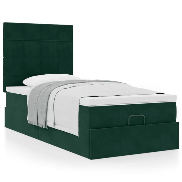 vidaXL Estrutura cama otomana colch&otilde;es 90x190cm veludo verde escuro