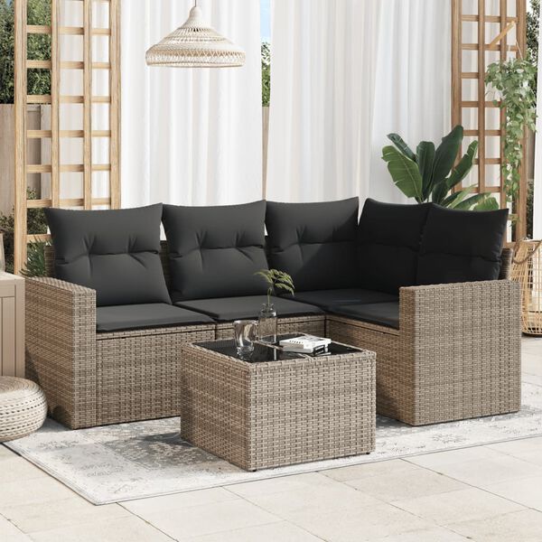 vidaXL 5 pcs conjunto sof&aacute;s de jardim c/ almofad&otilde;es vime PE cinzento