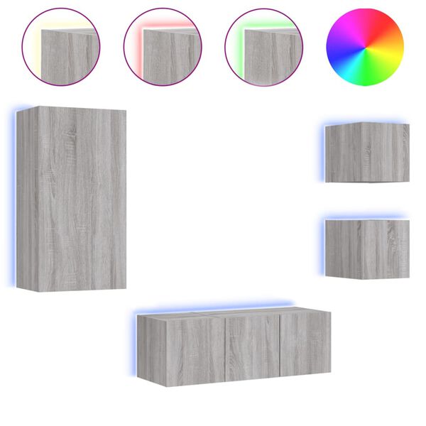 vidaXL 5 pcs m&oacute;veis parede p/ TV c/ LEDs deriv. madeira cinza sonoma