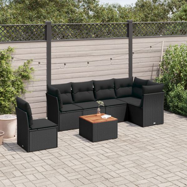 vidaXL 7 pcs conjunto de sof&aacute;s p/ jardim c/ almofad&otilde;es vime PE preto