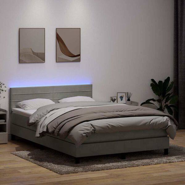 vidaXL Cama box spring c/ colch&atilde;o e LED 160x220 cm veludo cinzento-claro