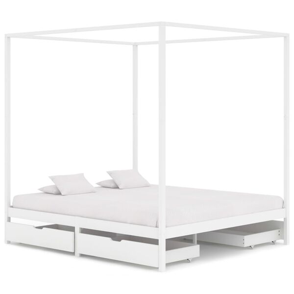 vidaXL Estrutura cama dossel 4 gavetas 160x200cm pinho maci&ccedil;o branco