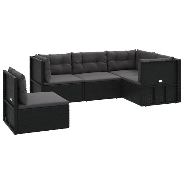 vidaXL 5 pcs conjunto lounge de jardim c/ almofad&otilde;es vime PE preto