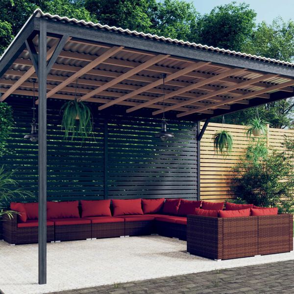 vidaXL 10 pcs conjunto lounge jardim c/ almofadões vime PE castanho
