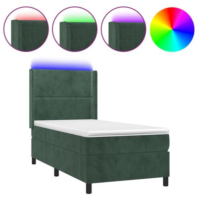 vidaXL Cama box spring c/ colchão/LED 100x200 cm veludo verde-escuro