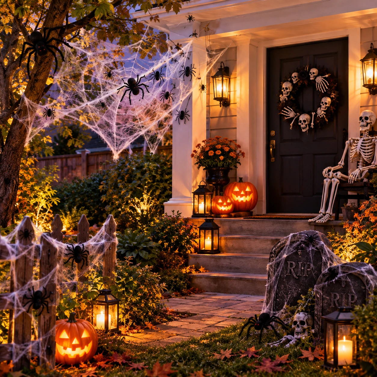 Alpendre e jardim de Halloween com teias de aranha, aranhas e um esqueleto