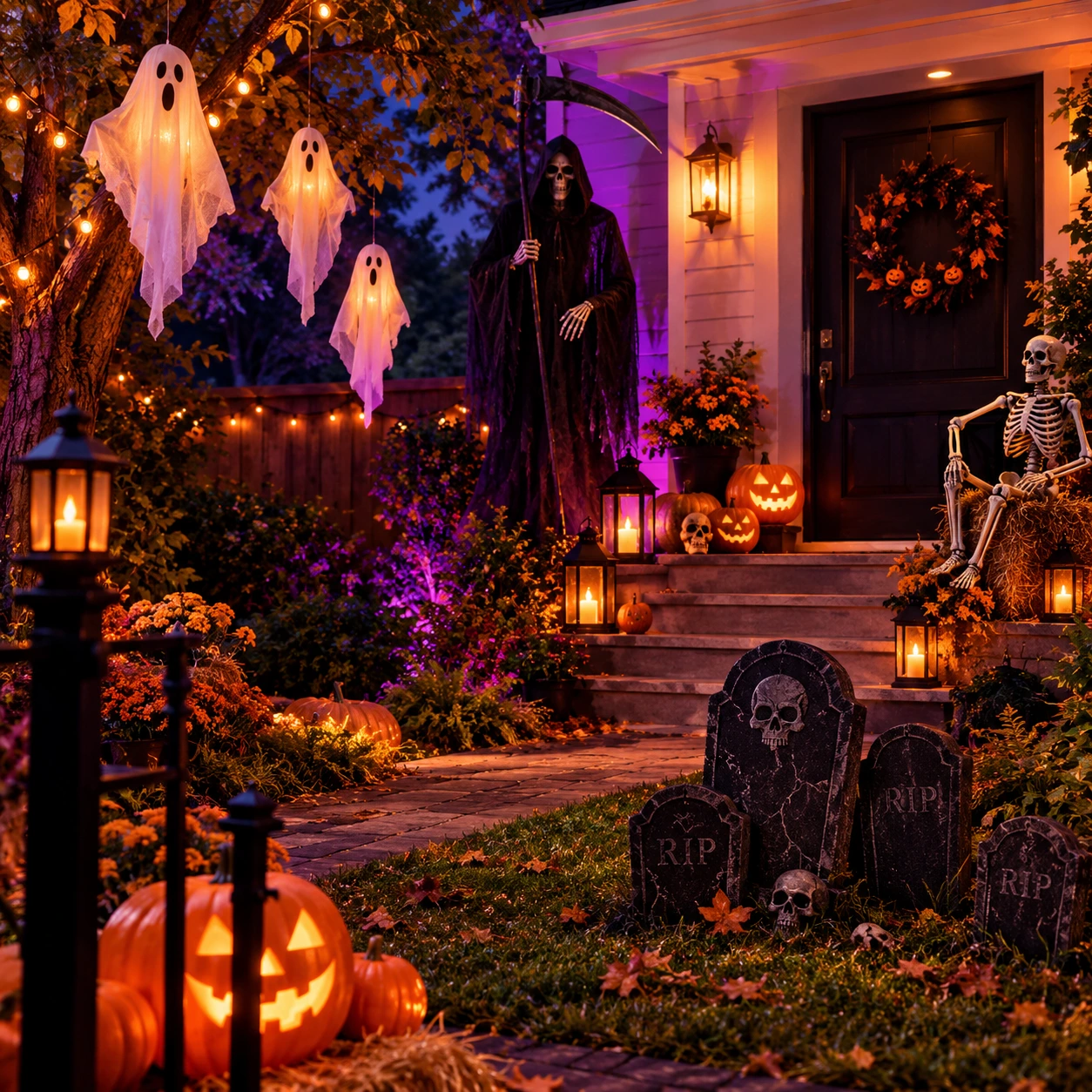 Jardim de Halloween com fantasmas suspensos e uma figura da Morte
