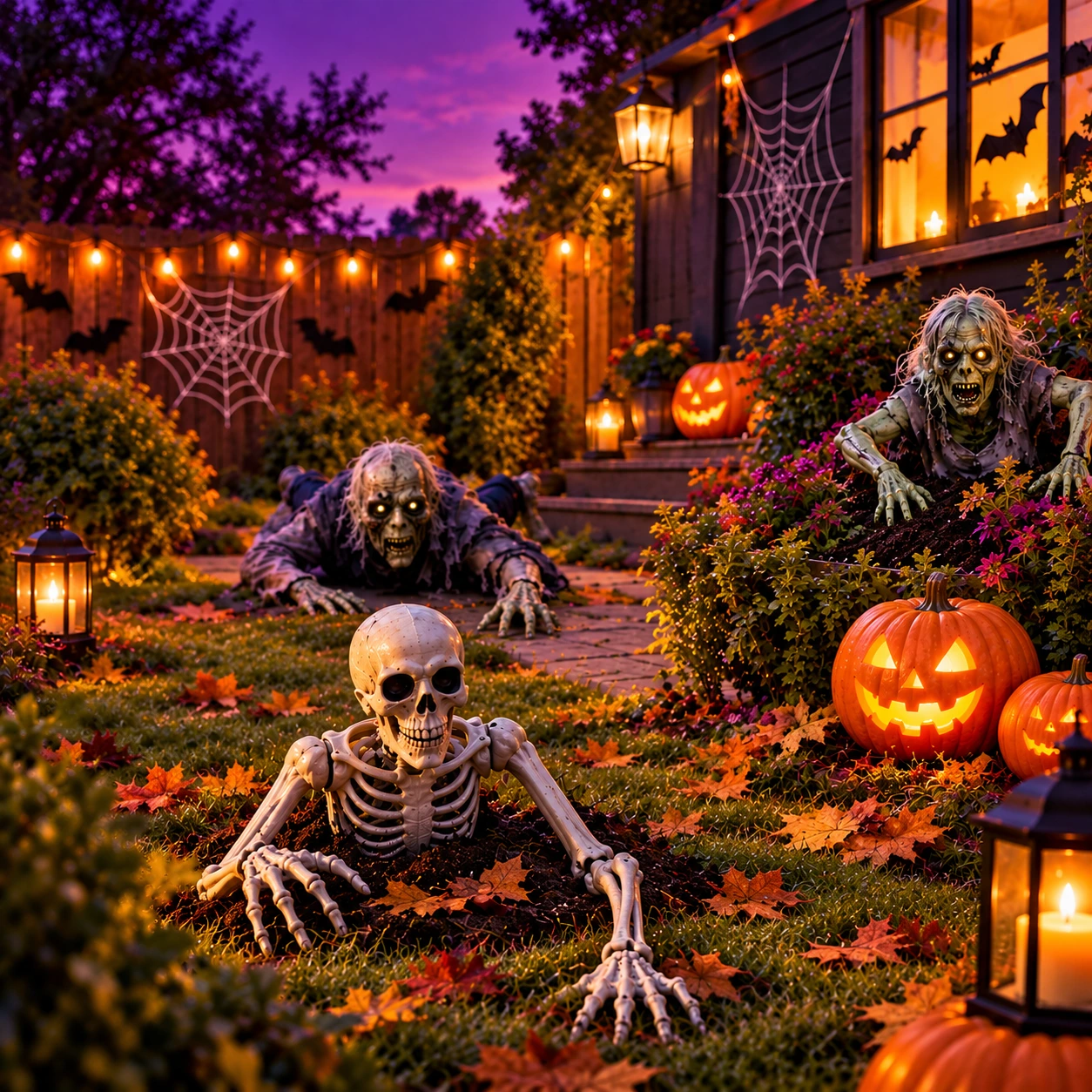 Jardim de Halloween com um esqueleto, zombies e abóboras iluminadas