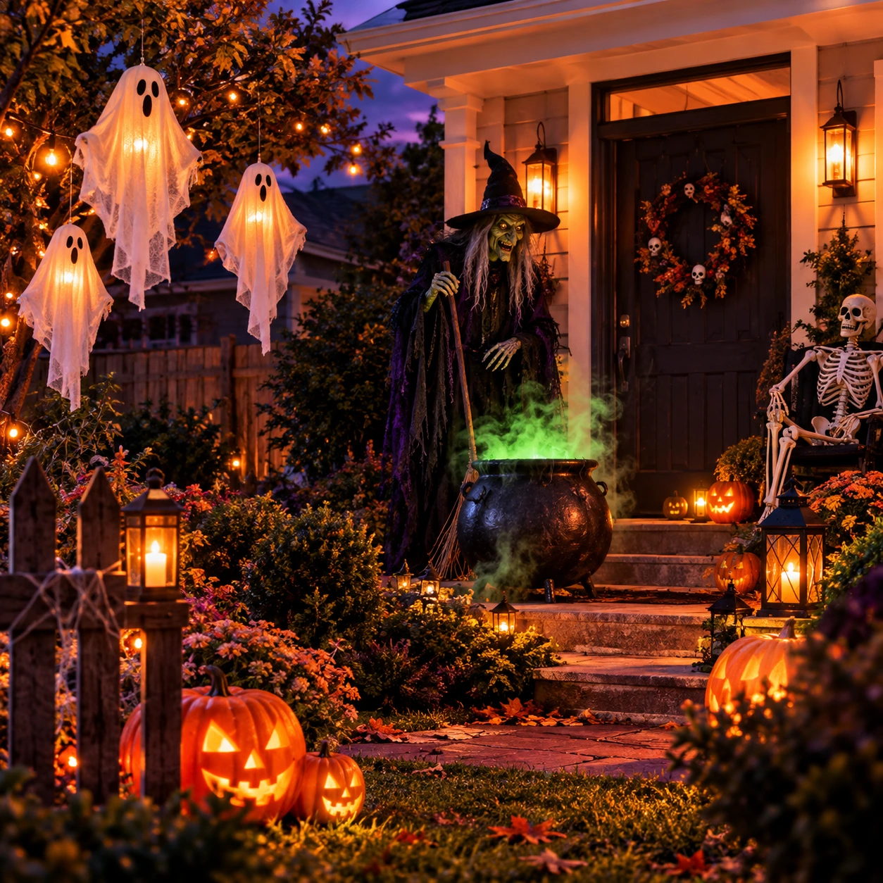 Alpendre de Halloween com uma bruxa, fantasmas e abóboras iluminadas