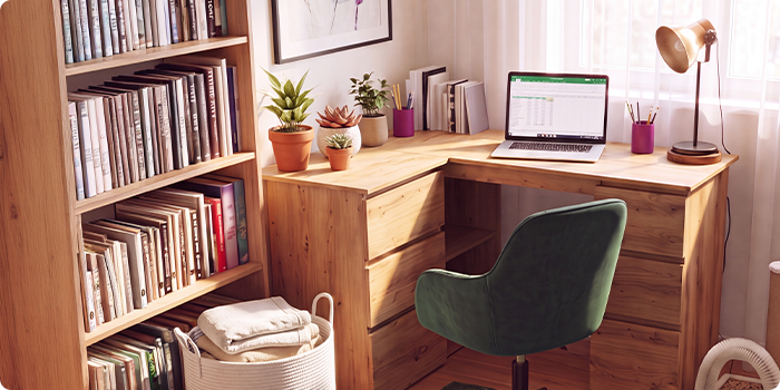 Escritório em casa com secretária de canto em madeira, cadeira de escritório ergonómica verde, portátil, estante, candeeiro de secretária e plantas de interior, criando um espaço de trabalho confortável e produtivo para trabalhar a partir de casa.