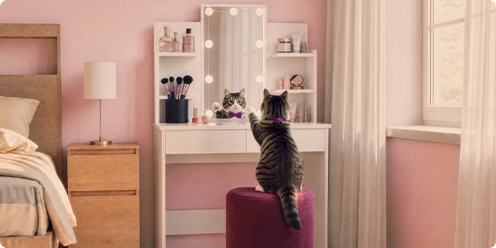 Gato sentado a um toucador com prateleiras de arrumação num quarto cor-de-rosa.