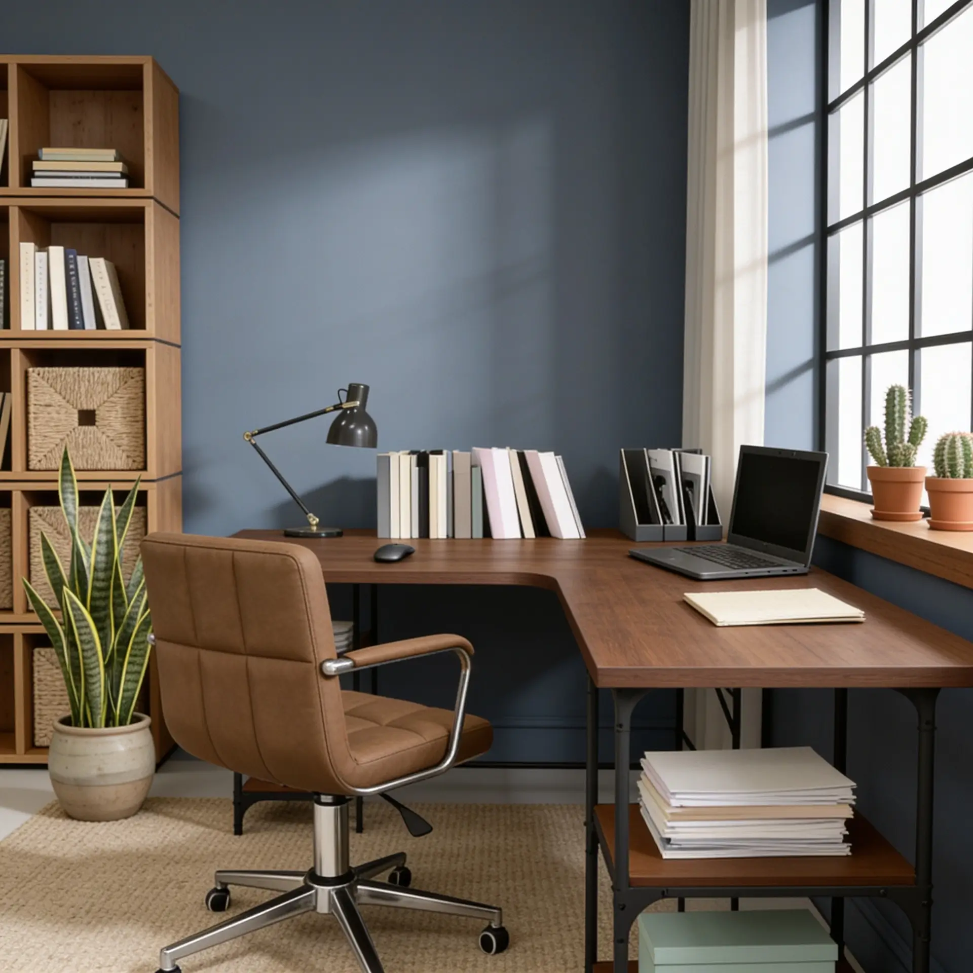 Modern home office workspace featuring a wooden L-shaped desk with a laptop, a brown leather tufted swivel chair, a tall bookcase, and potted plants against blue-grey walls.
