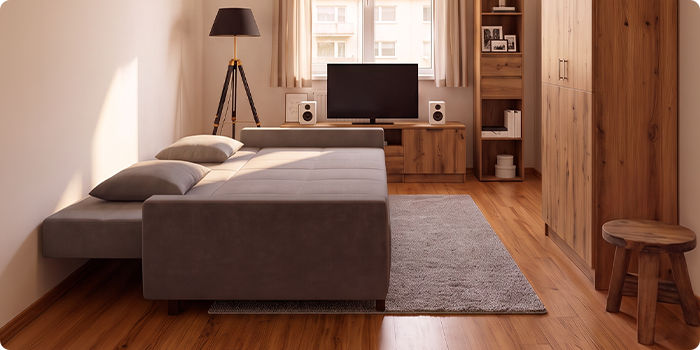 Sofá-cama cinzento apresentado como sofá e como cama totalmente aberta, num interior de apartamento moderno.