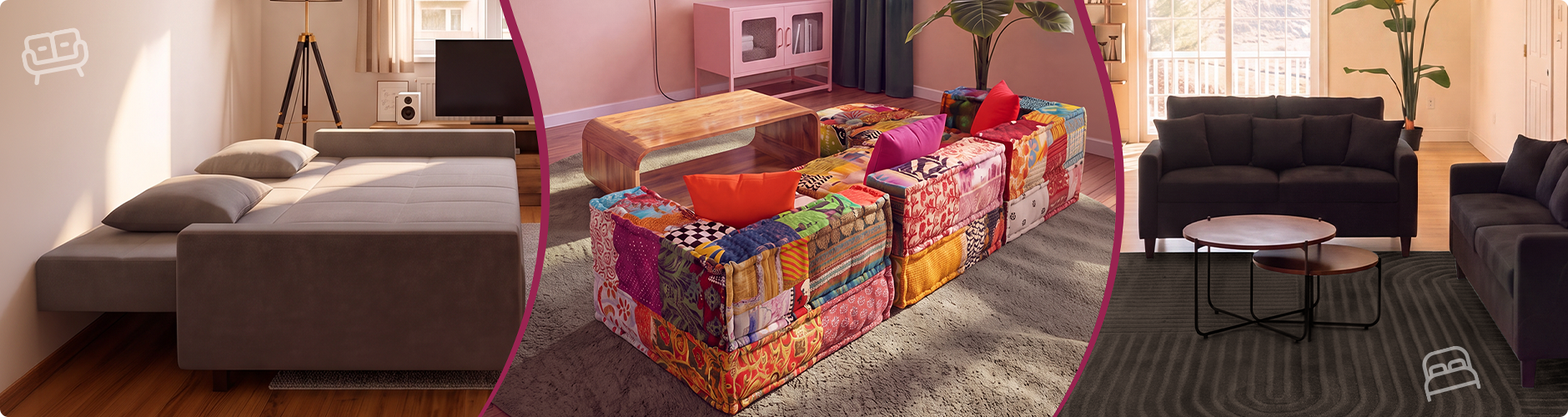 Colagem com três estilos de sofá: uma sala de estar moderna com sofás escuros, um sofá modular patchwork colorido à volta de uma mesa de centro e um sofá-cama cinzento totalmente aberto. Clique para ver a coleção de sofás.
