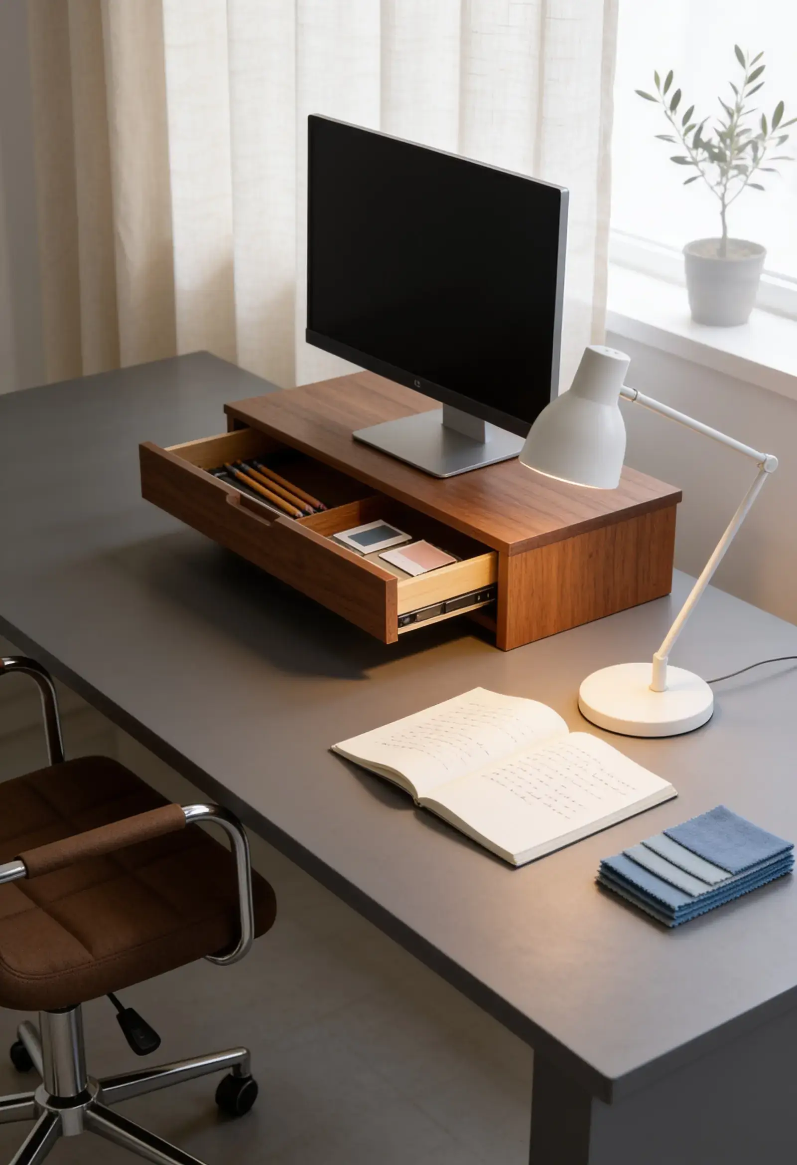 Close-up of a modern grey home office desk featuring a wooden monitor stand with an open drawer holding stationery, next to a white desk lamp, an open notebook, and a computer monitor.