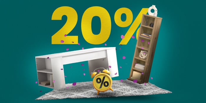 Banner com mesa, móvel de TV, tapete e despertador com texto amarelo grande “20%”.