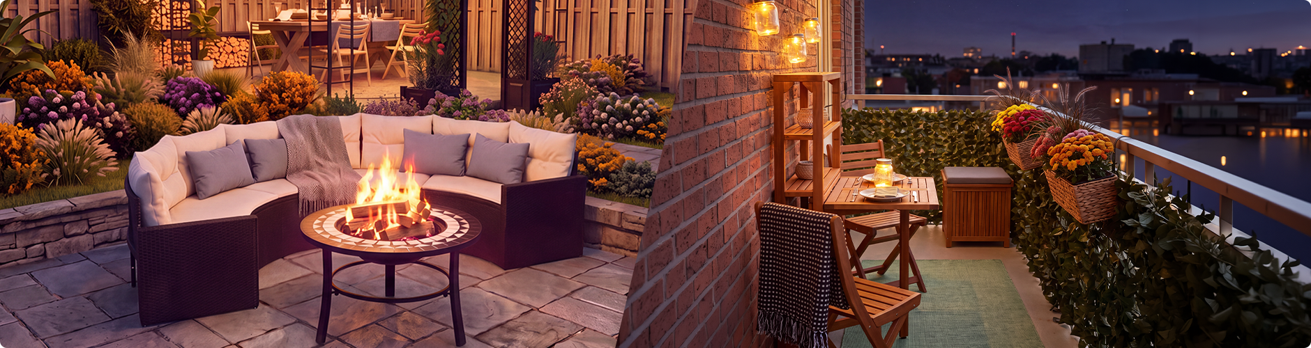 Espaços exteriores acolhedores ao anoitecer, com um conjunto lounge de jardim com braseira e um gazebo cheio de flores de um lado, e uma varanda decorada com mobiliário de madeira, iluminação com lanternas e flores em vaso com vista para a silhueta da cidade do outro.