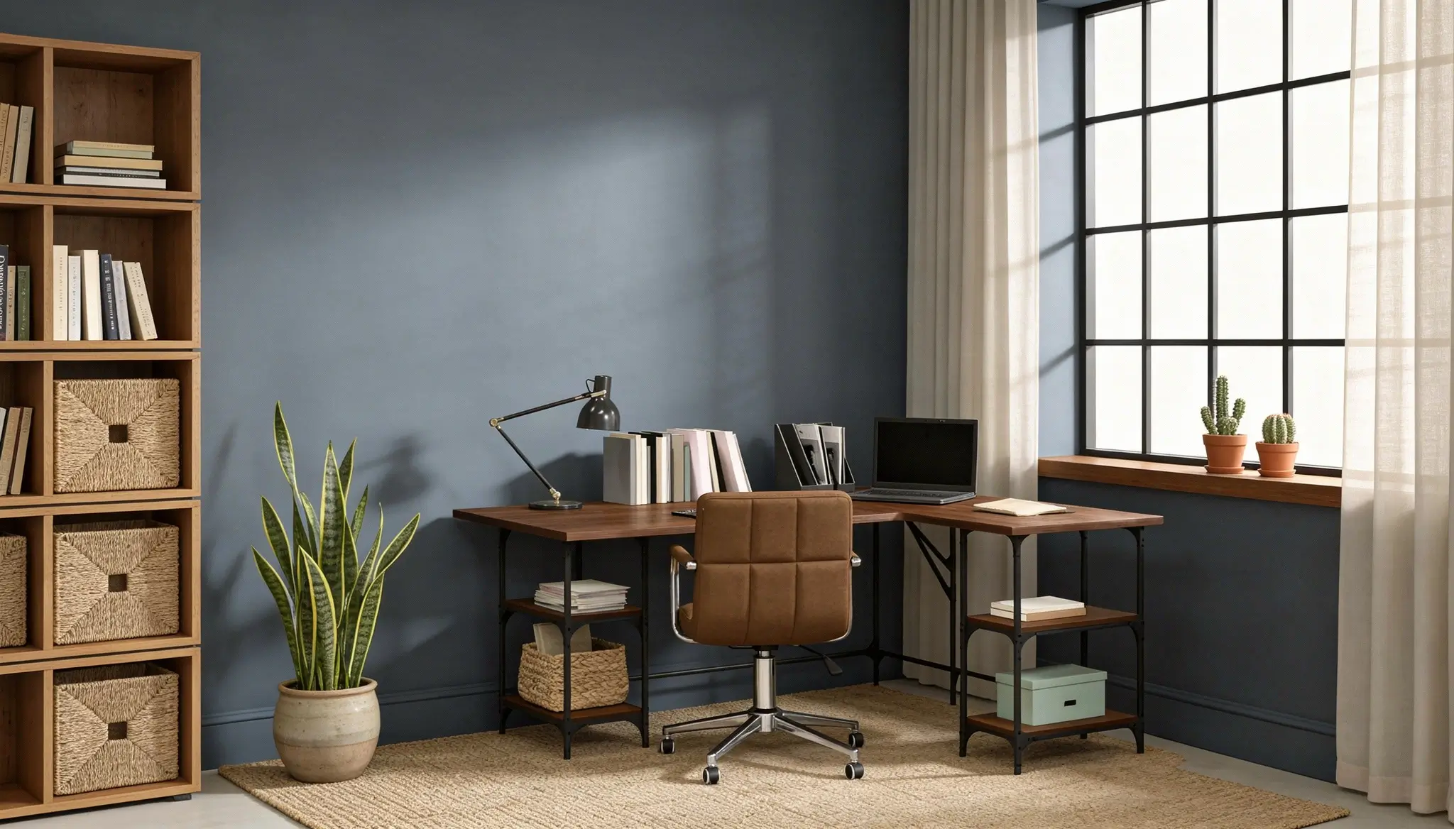 Modern home office interior featuring a wooden corner desk, brown leather swivel chair, tall bookcase with woven storage baskets, and a potted snake plant against blue-grey walls.