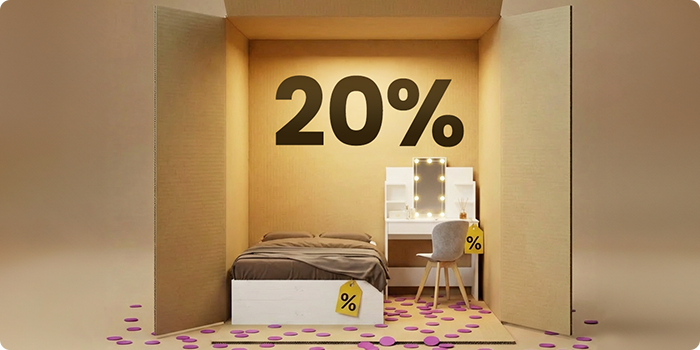 Mobiliário moderno de quarto com cama branca e penteadeira bege num cenário em forma de caixa, com 20% de desconto em essenciais de quarto.