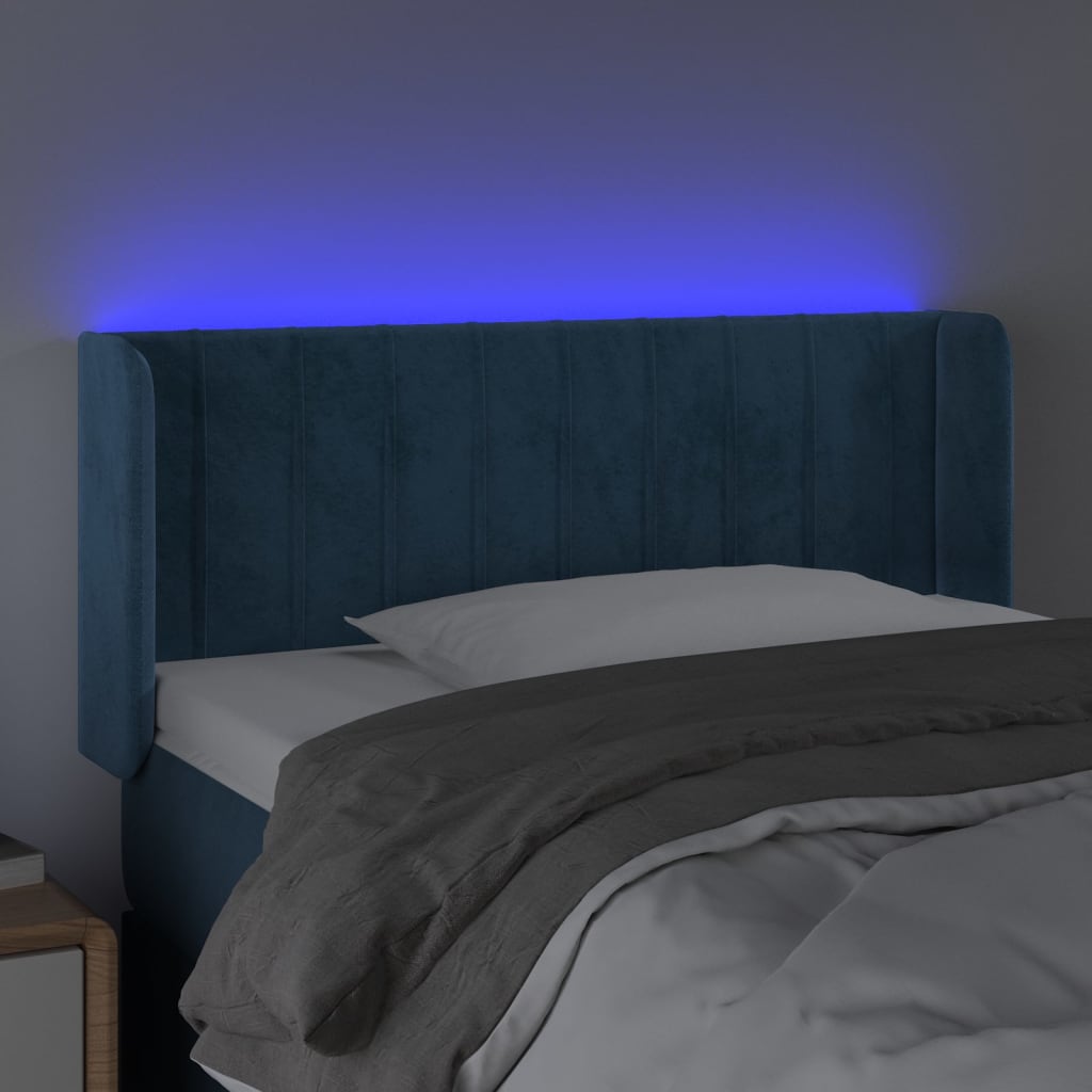 vidaXL Cabeceira de cama c/ luzes LED veludo 83x16x78/88cm azul-escuro