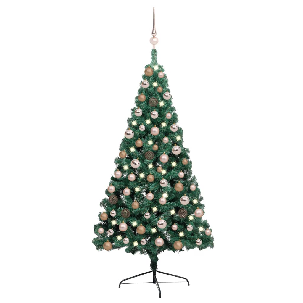 vidaXL Meia árvore Natal artificial pré-iluminada c/ bolas verde
